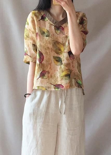 Modern Yellow Leaves Clothes V Neck Half Sleeve Loose Blouse