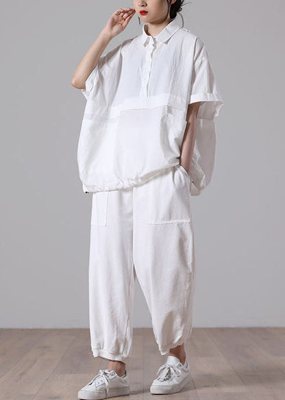 White Loose Cotton Blouse Tops Peter Pan Collar Button Short Sleeve