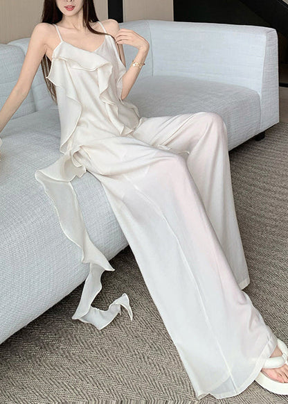French White Ruffled Draping Chiffon 2 Piece Outfit Summer