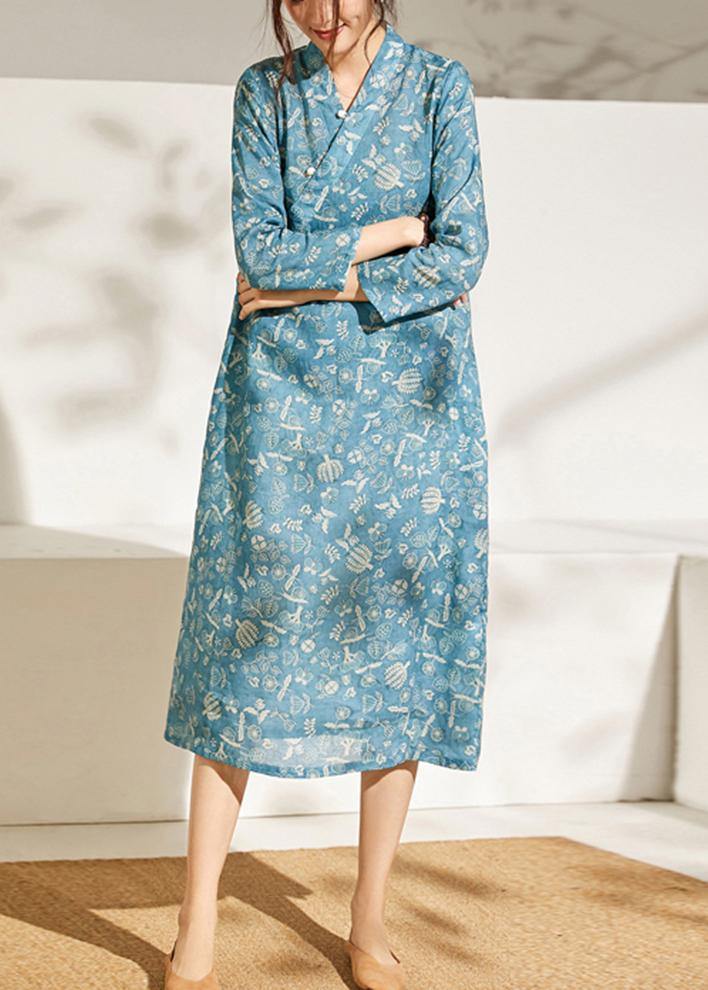 French Blue Print Patchwork Button Summer Ramie Sundress