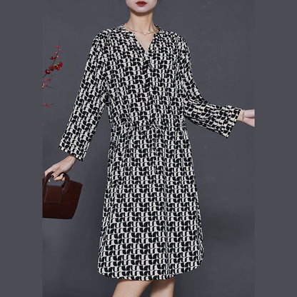 Black Cinched Print Silk Mid Dress Summer