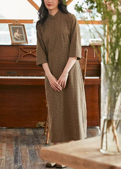 Green Mandarin Collar Plaid Side Open Cotton Cheongsam Dresses Bracelet Sleeve