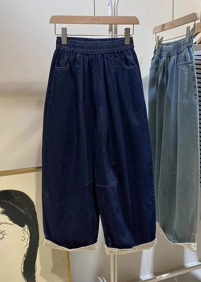 Light Blue Pockets Elastic Waist Crop Jeans Fall