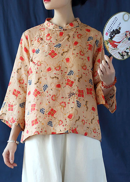 Khaki Button Print Linen Shirt Tops Three Quarter Sleeve