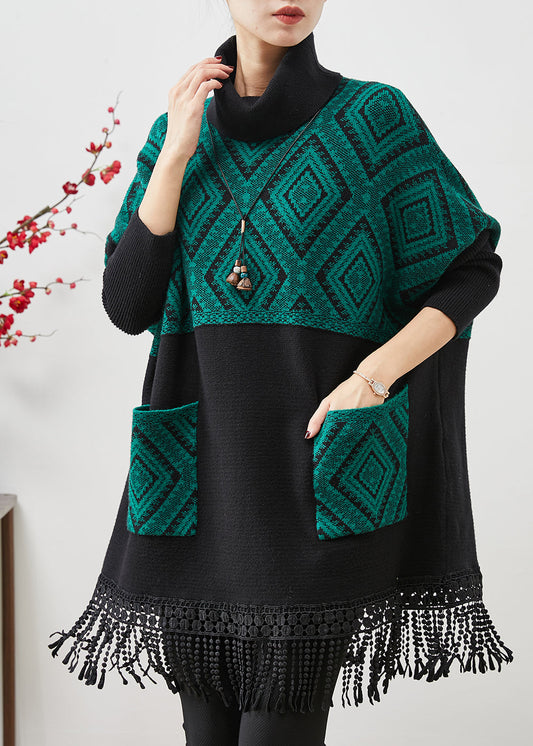 Peacock Green Tasseled Patchwork Knit Mid Dress Spring