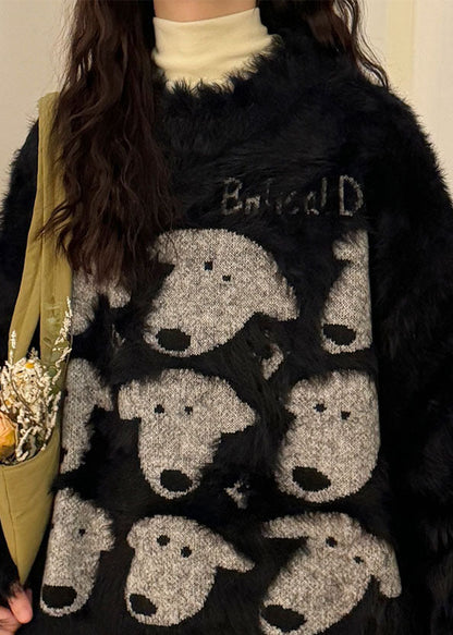 Black O Neck Dog Head Cozy Mink Velvet Sweater Spring