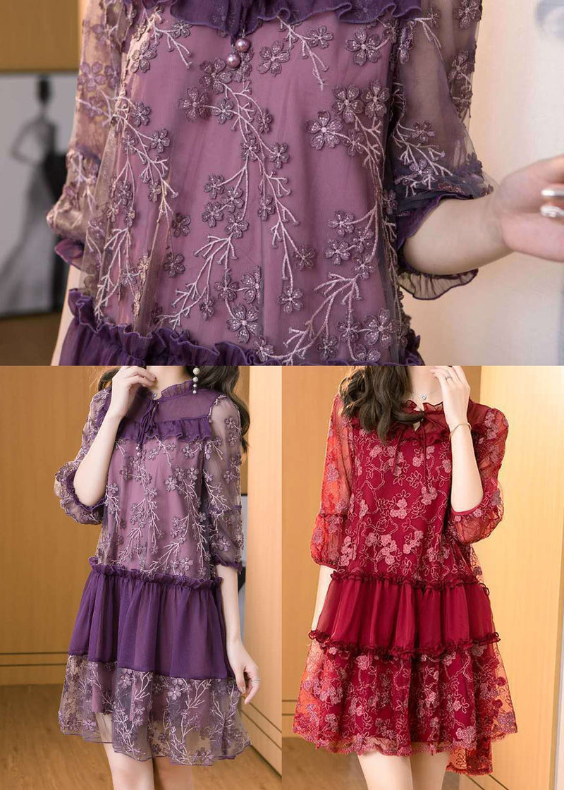 Purple Embroidered Patchwork Chiffon Mini Dress Summer