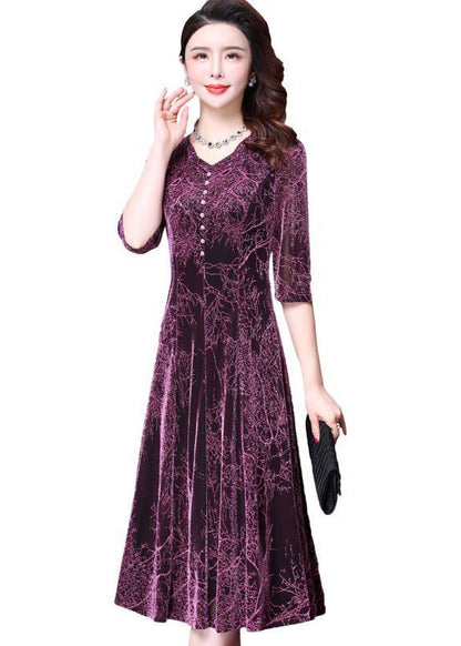 Stylish Purple O-neck Print Button Tulle Holiday Dress Half Sleeve