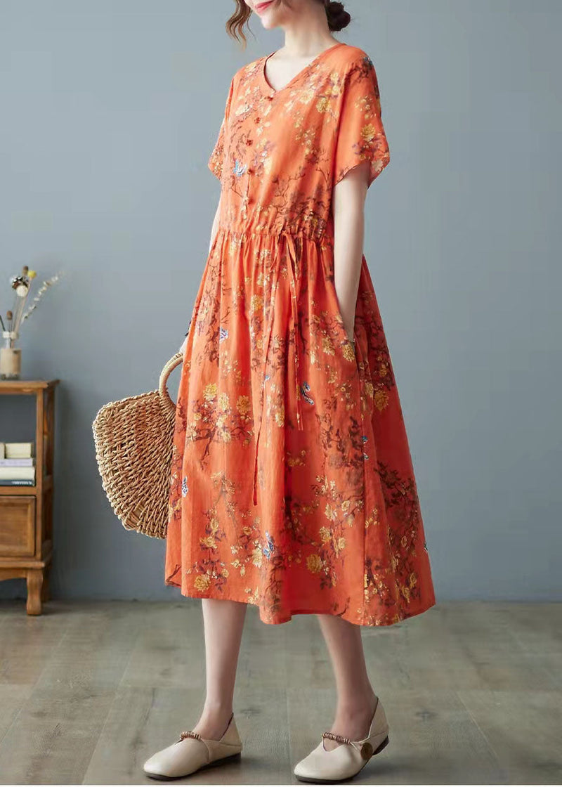 Orange Pockets Print O Neck Dress
