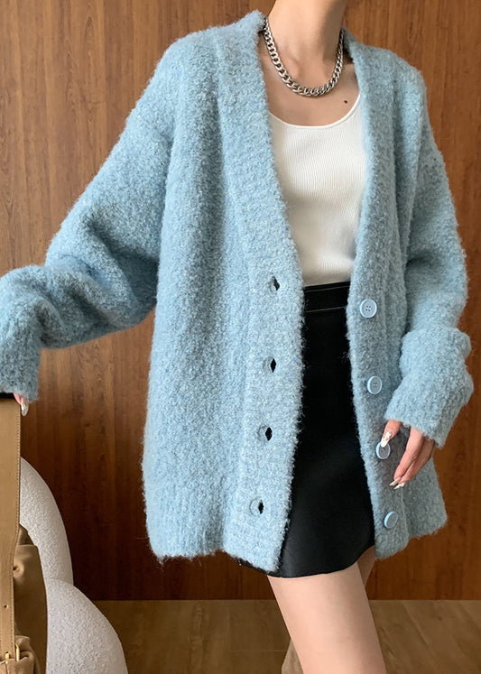 Blue V Neck Button Woolen Cardigans Fall