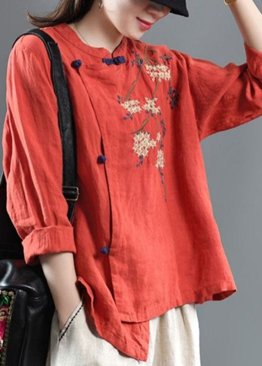 Loose Orange Embroideried Linen Top Half Sleeve