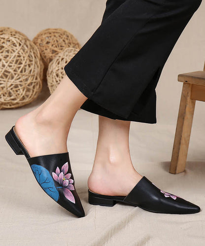 Soft Lotus Black Cowhide Leather Slide Sandals Pointed Toe