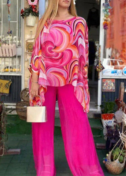 Natural Yellow O-neck Asymmetrical Print Top and Wide Leg Pants Two Pieces Set Fall