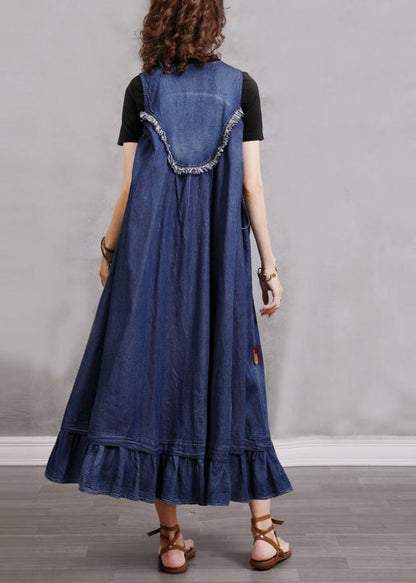 Blue O-neck Ruffled Embroideried Patchwork Cotton Denim Dress Sleeveless