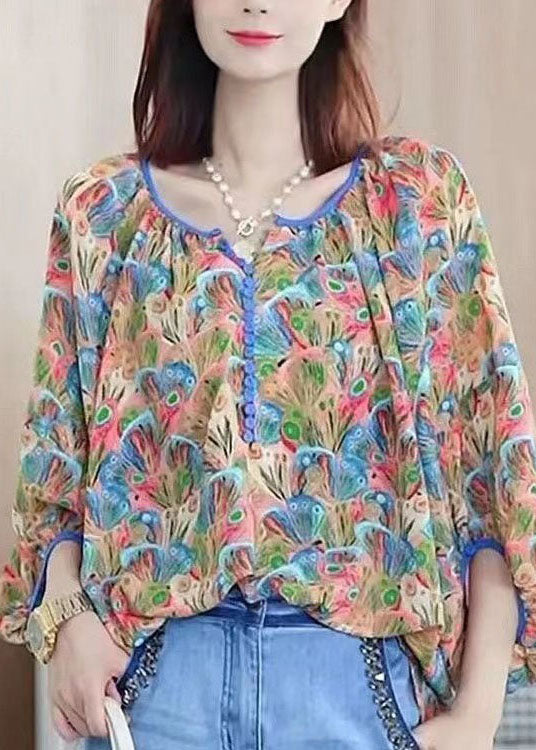 Colorblock V Neck Print Chiffon Shirt Tops Summer