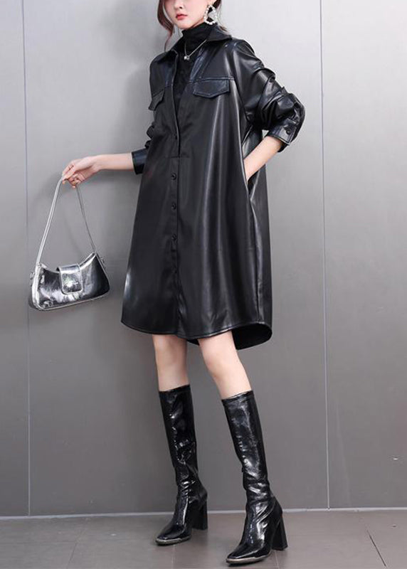 Original Black Peter Pan Collar Pockets Pu Trench Coats Fall