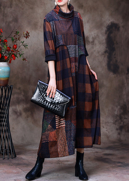 Chocolate Turtleneck Plaid Patchwork Velour Maxi Dress Long Sleeve