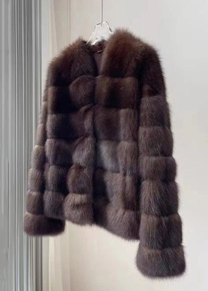 New Purple V Neck Pockets Leather and Fur Coat Winter