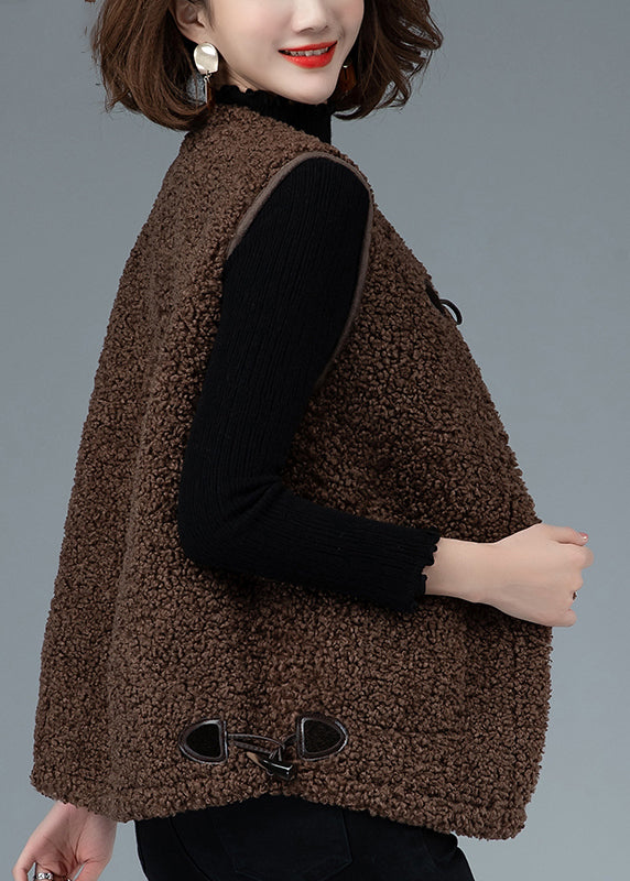Coffee O-neck Drawstring Button Faux Fur Waistcoat Fall