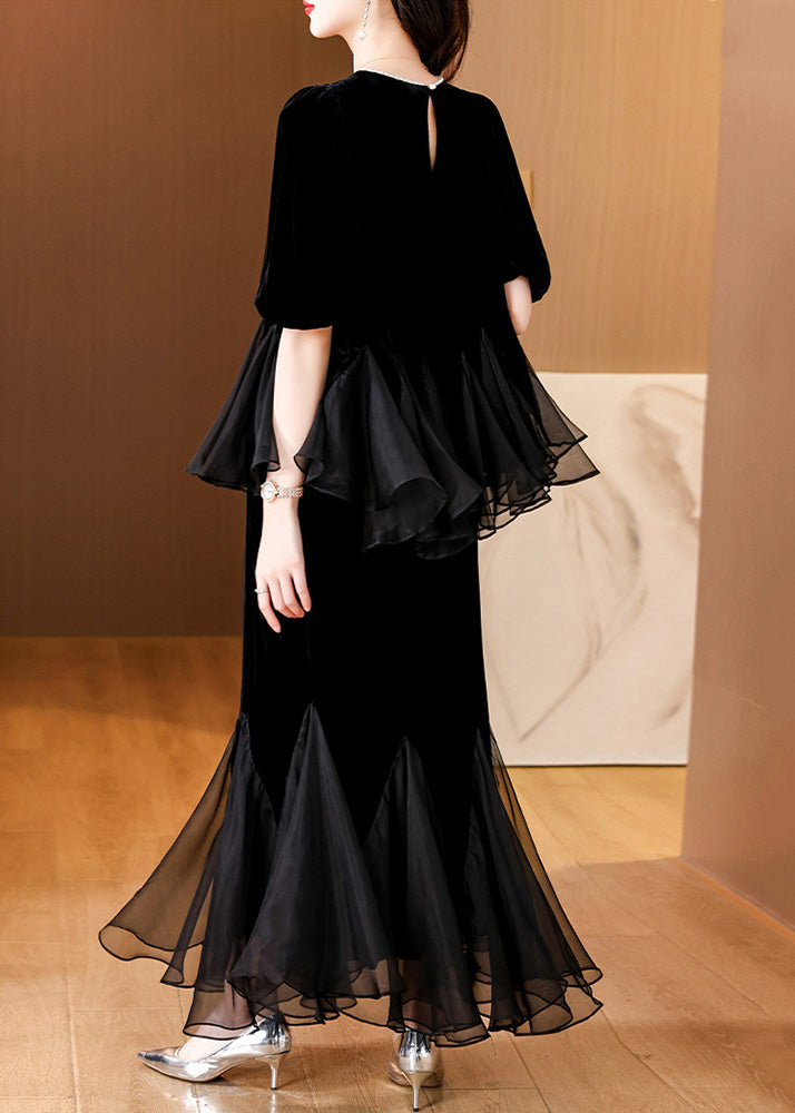 Black Pearl Tulle Patchwork Silk Velvet Two Pieces Set Summer