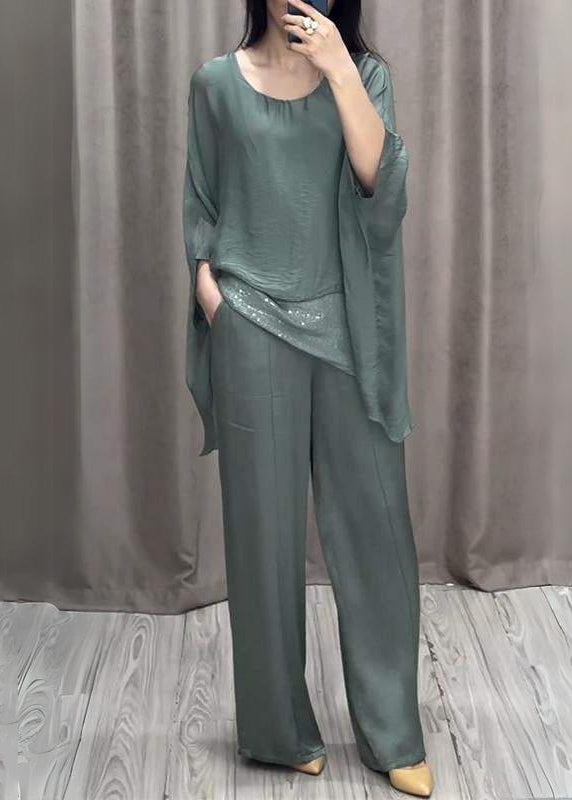 Loose Purple O Neck Tops and Pants Cotton Two Pieces Set Batwing Sleeve