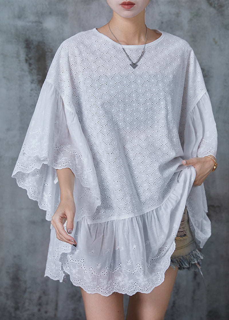 French White Oversized Patchwork Hollow Out Tank Batwing Sleeve Summer