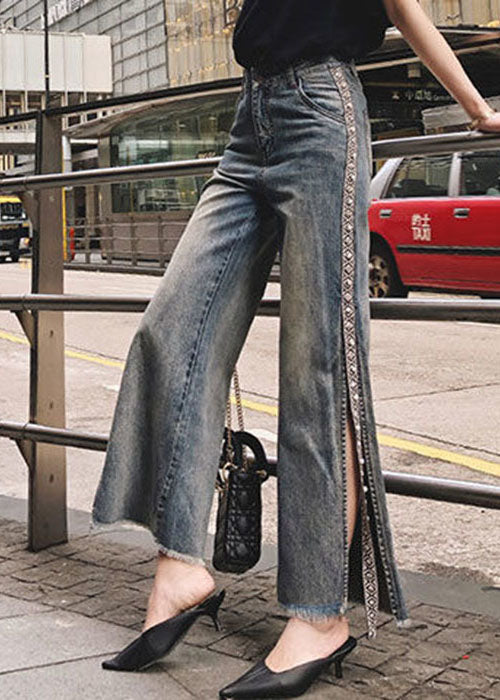 Dark Blue High Waist Pockets Side Open Cotton Denim Crop Pants Fall