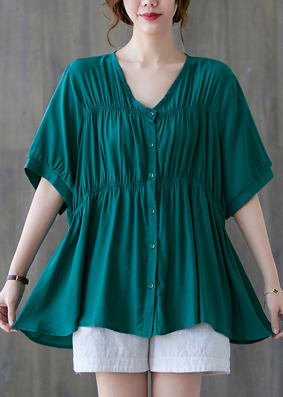 Green V Neck Buttton Wrinkled Cotton Shirt Tops Short Sleeve