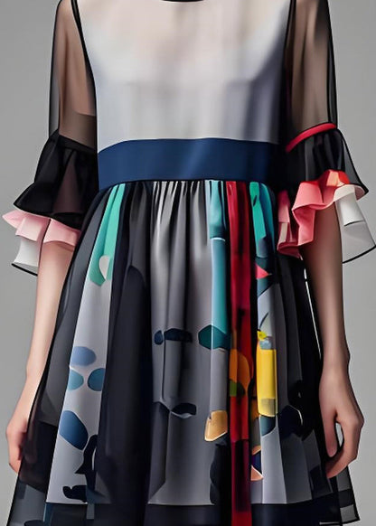 Boutique O Neck Print Patchwork Chiffon Mid Dresses Summer