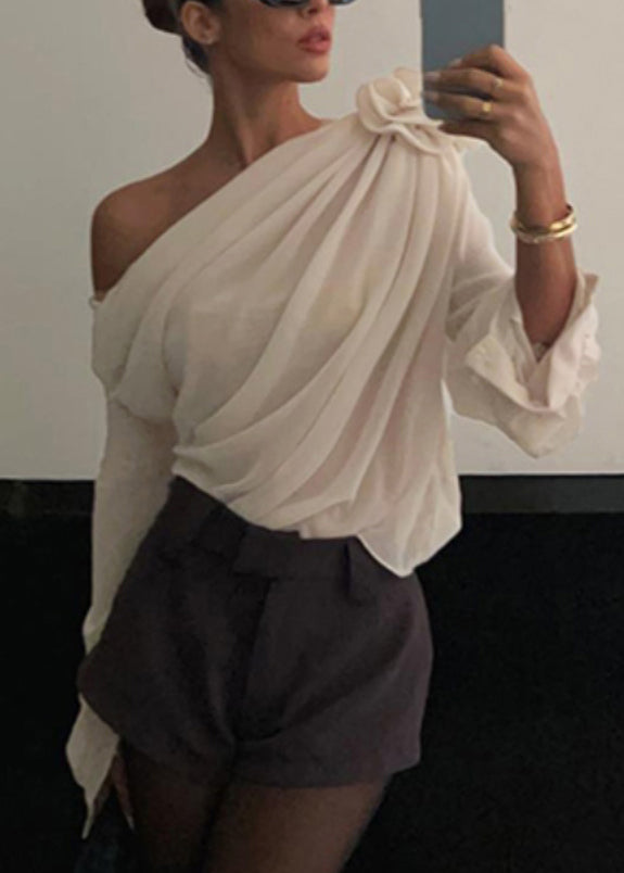 Brief Apricot One Shoulder Chiffon Top Spring
