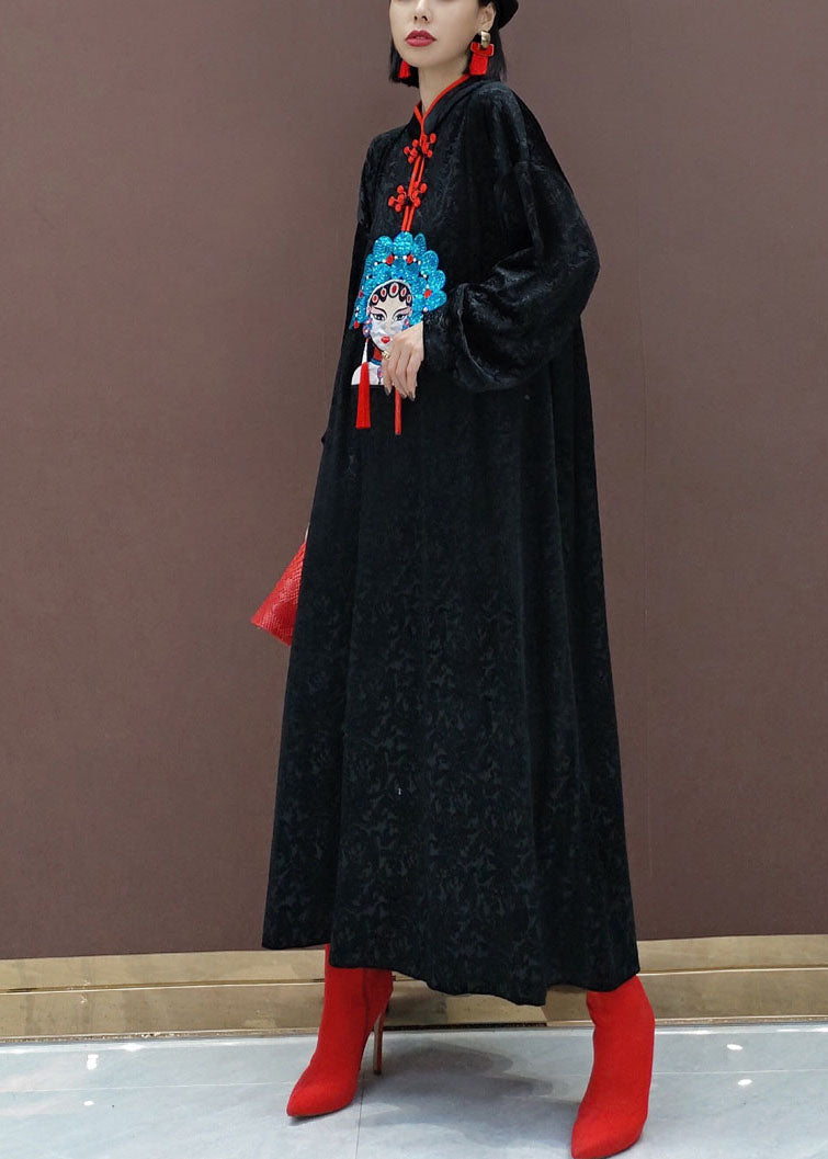 Black Oriental Velour Long Dresses Spring