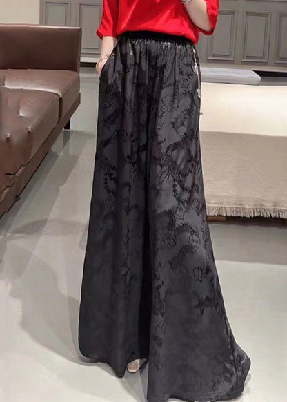 Pink Pockets Jacquard Silk High Waist Wide Leg Pants Fall