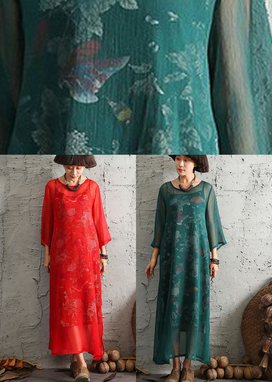 Red O-neck Print Cotton Two Pieces Set Spring