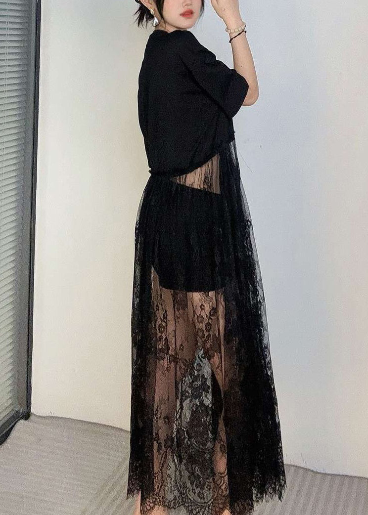 Black Hollow Out Lace Patchwork T Shirt Dress Summer