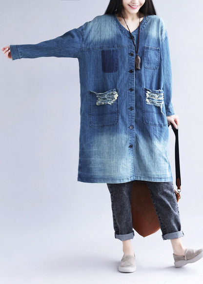 Blue V Neck Ripped Pockets Print Cotton Denim Trench Spring