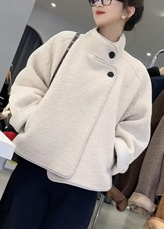 White Stand Collar Patchwork Pockets Faux Fur Coats Fall