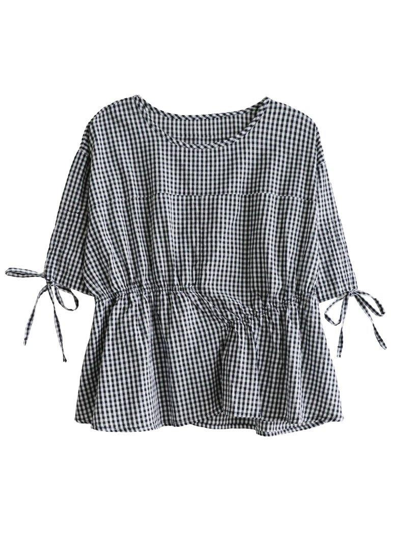 Stylish Black Plaid O-neck Asymmetrical Design Summer Tops Half Sleeve