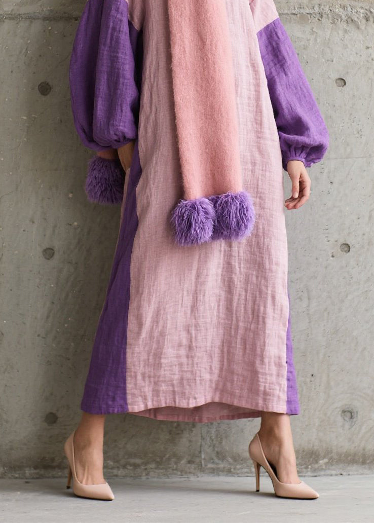 Colorblock O Neck Patchwork Cotton Dress Fall