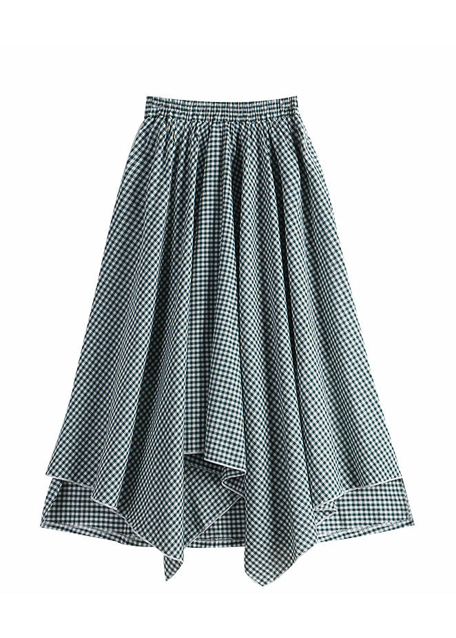 Green White Plaid Asymmetrical High Waist Cotton a Line Skirt Fall