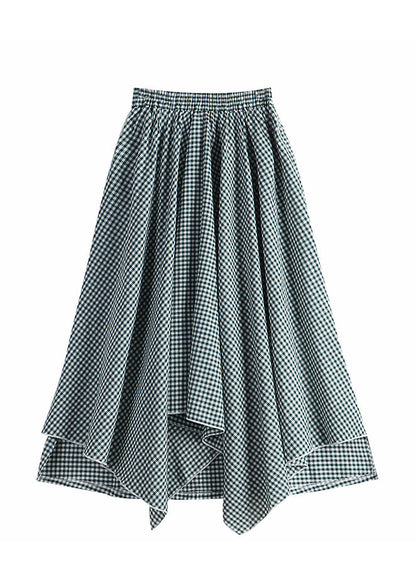 Green White Plaid Asymmetrical High Waist Cotton a Line Skirt Fall