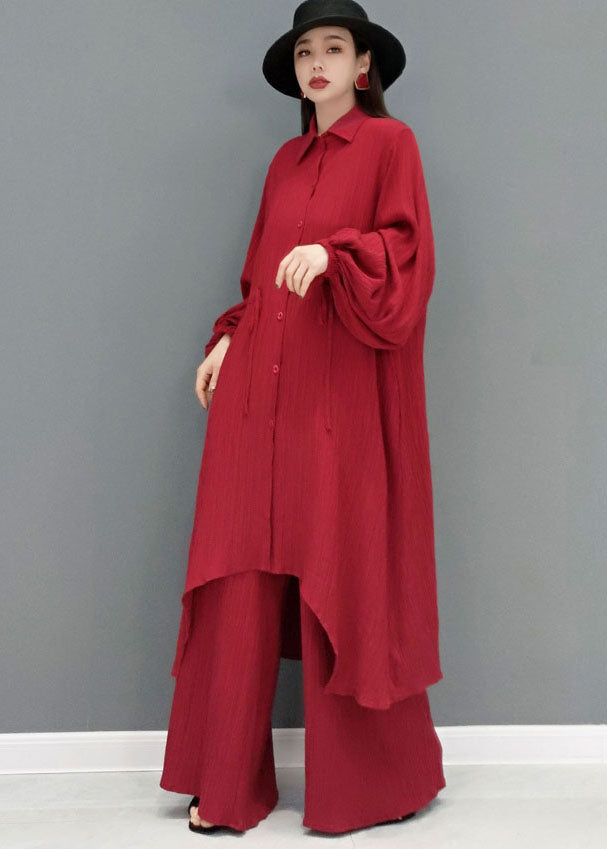 Red Loose Cotton Long Shirt and Straight Pants Two Pieces Set Tie Waist Spring