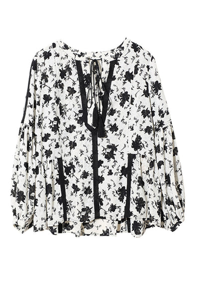Black White Colour V Neck Print Lace Patchwork Chiffon Shirts Long Sleeve