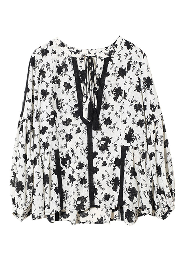 Black White Colour V Neck Print Lace Patchwork Chiffon Shirts Long Sleeve