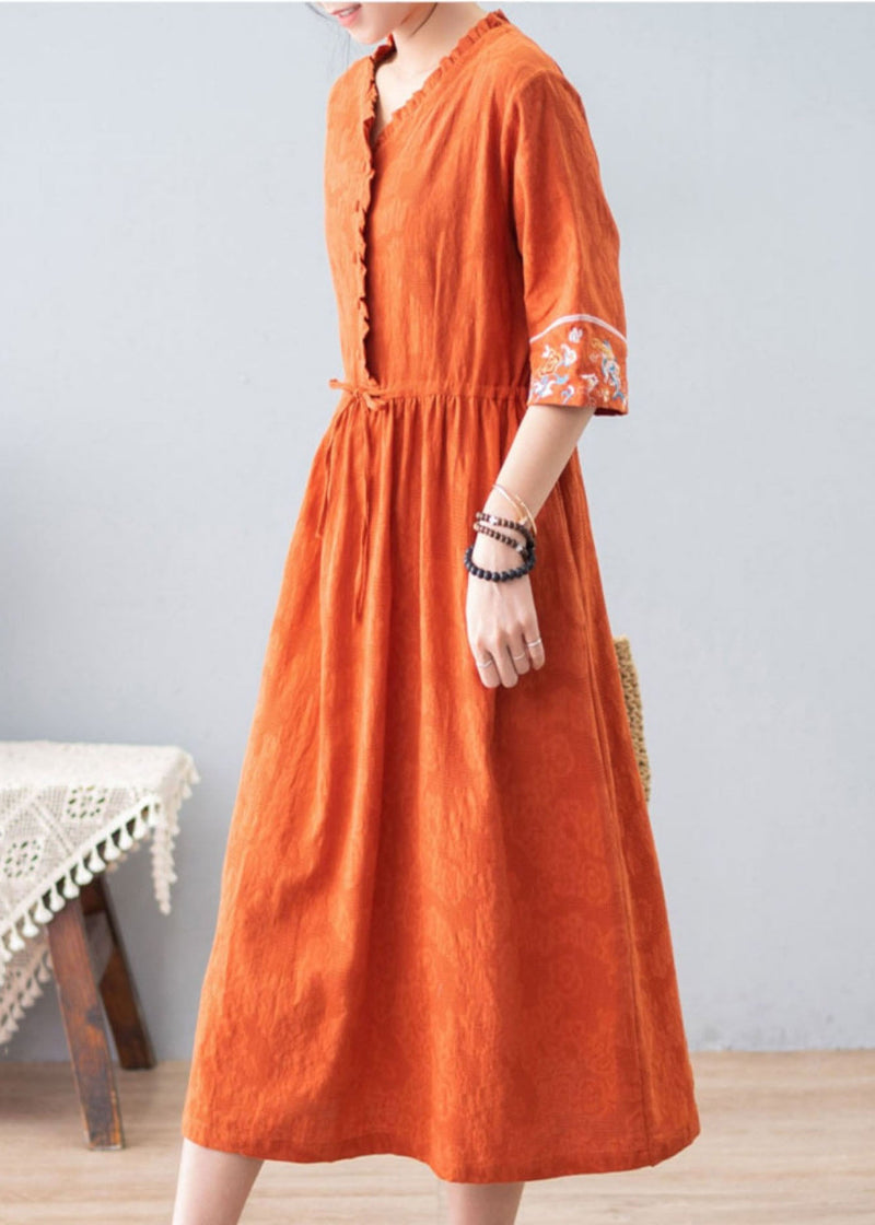Orange Ruffled Drawstring Embroideried Jacquard Cotton Dresses Half Sleeve