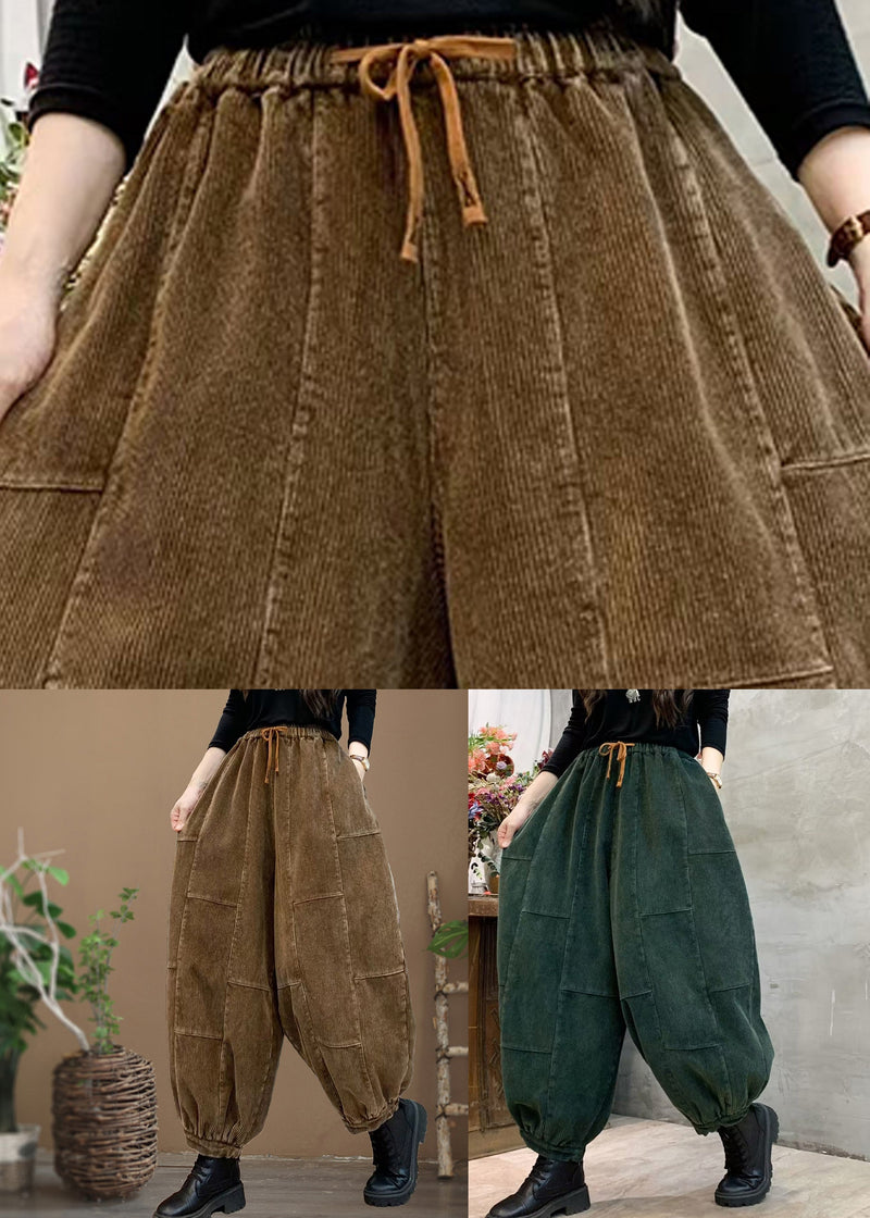 Blackish Green Elastic Waist Tie Waist Corduroy Lantern Pants Spring