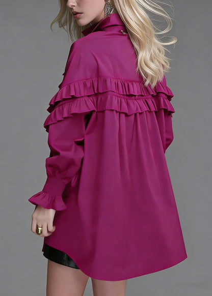 Loose Rose Ruffled Button Cotton Blouse Lantern Sleeve