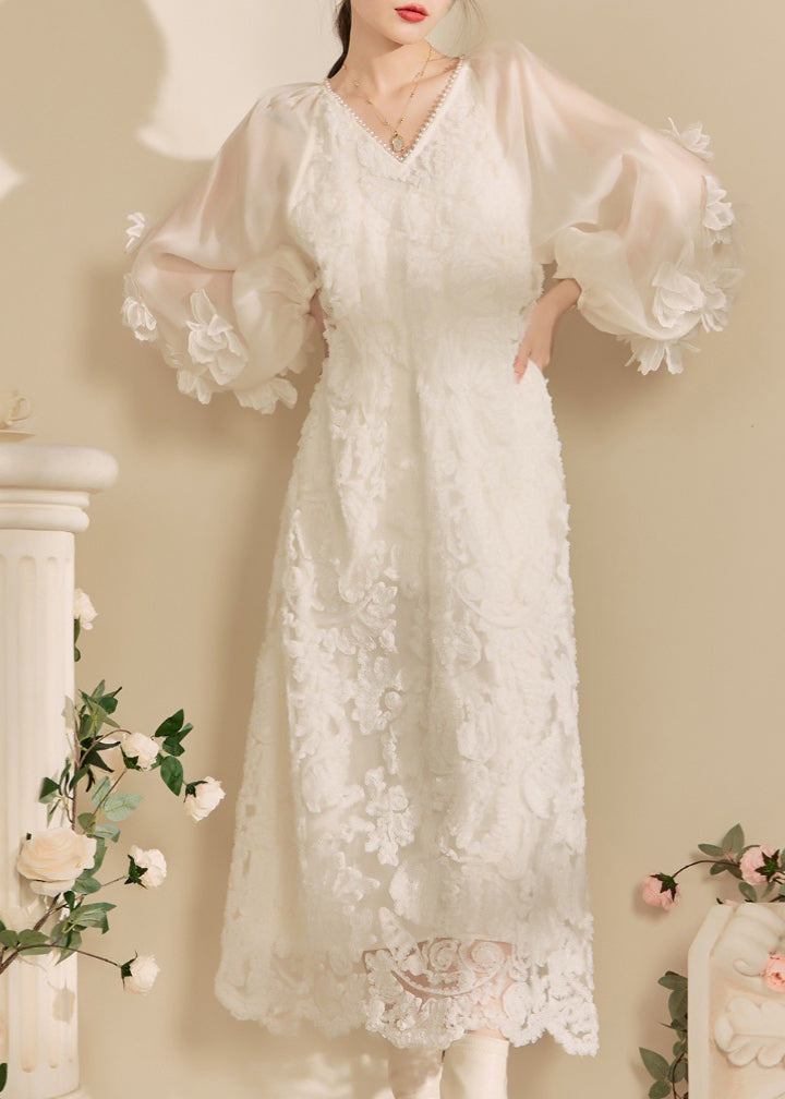 White V Neck Tulle Maxi Dresses Fall