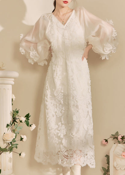 White V Neck Tulle Maxi Dresses Fall