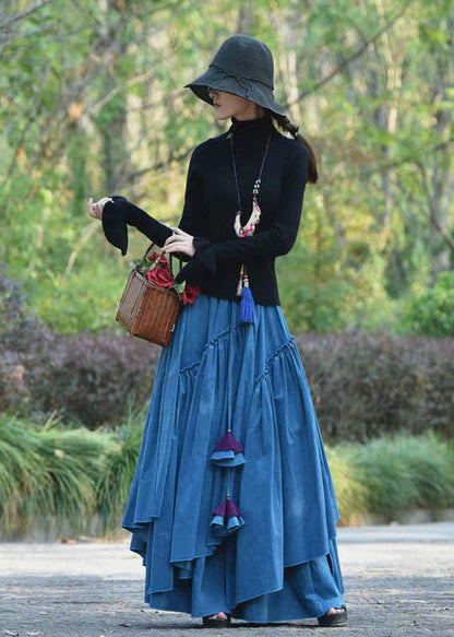 Blue Wrinkled Asymmetrical Lace Up Corduroy Skirt Spring