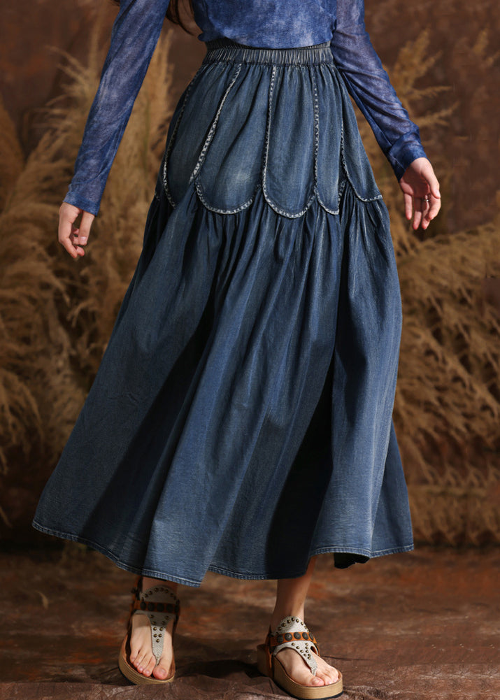 French Navy Patchwork Elastic Waist a Line Denim Skirts Summer
